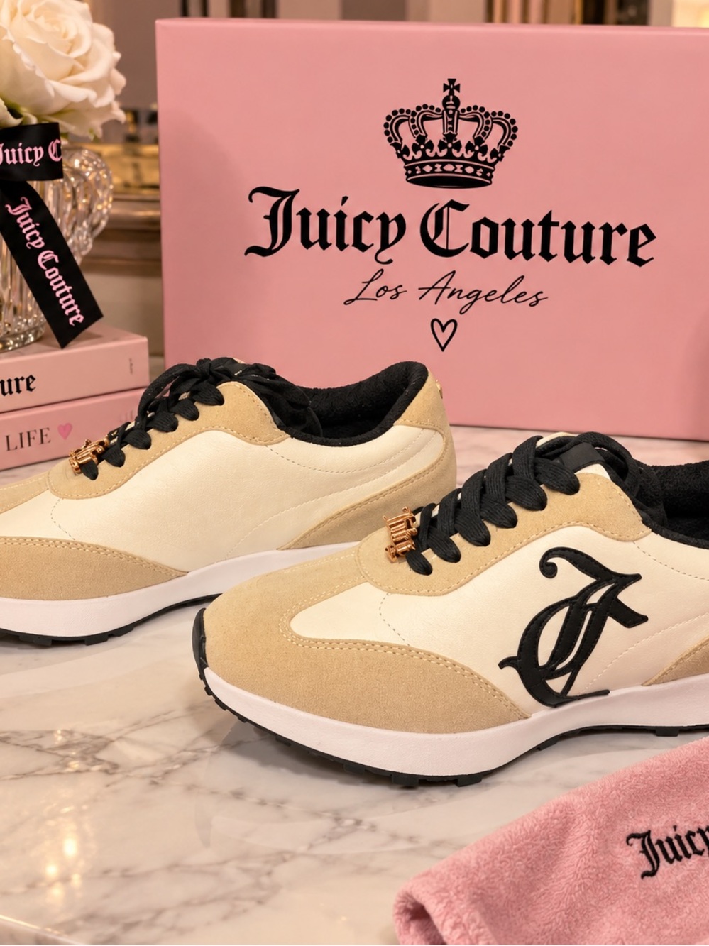 Juicy Couture Cream & Black Logo Suede Accent Sneakers